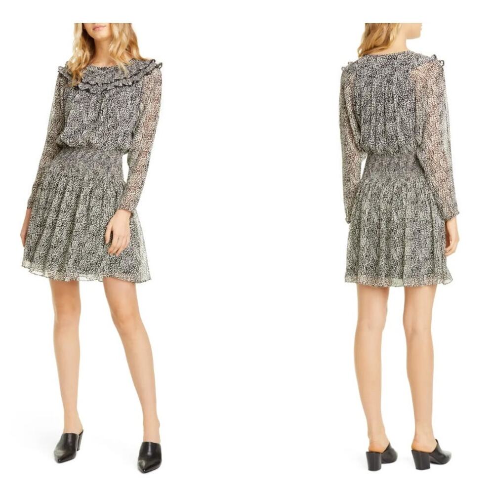 Joie Liliana Cream Black Ruffle Silk Smocked Modest Feminine Dress S Small New